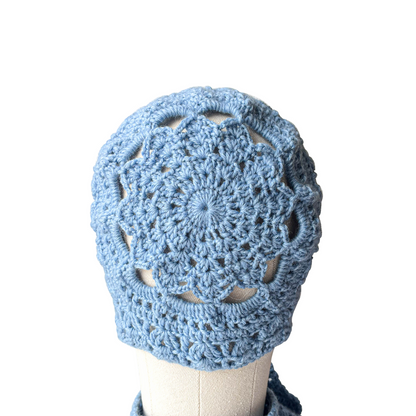 Bonnet écharpe en crochet, bleu