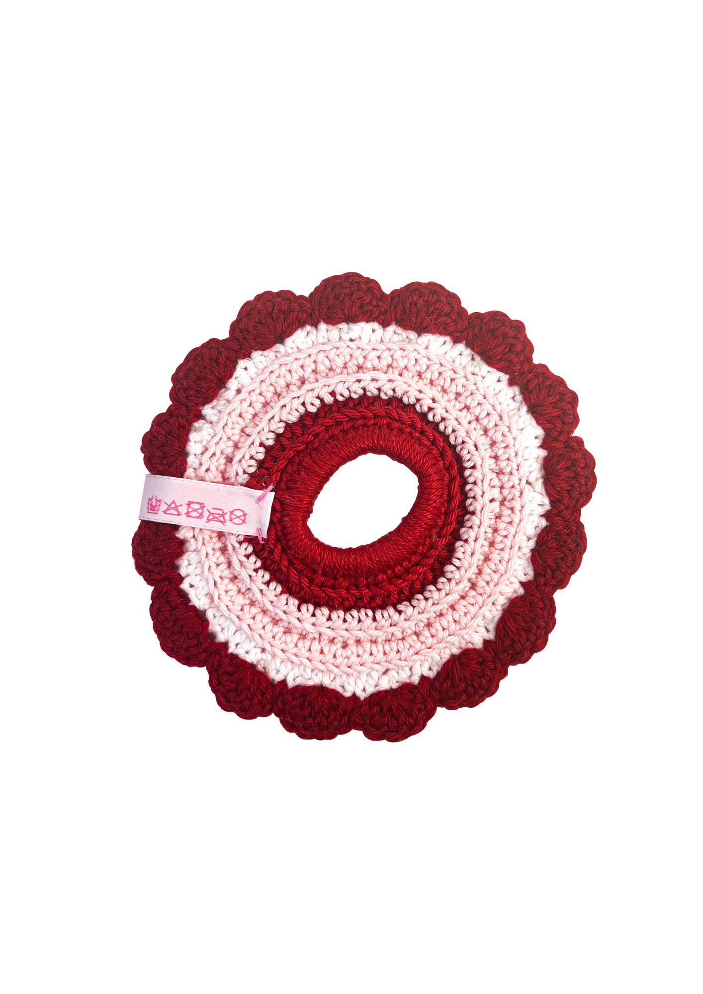 Scrunchie en crochet rouge et rose